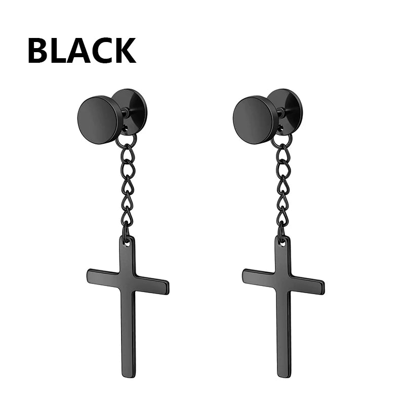 2pc Stainless Steel Men Cross Stars Punk Dangle Earrings Gothic Woman Cross Ear Hoop Ear detail view