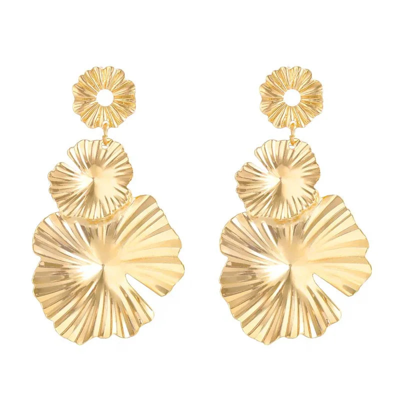 Exaggerated Metal Leaf Flower Drop Earrings for Women Fashion Gold Color Long Geometr lifestyle view