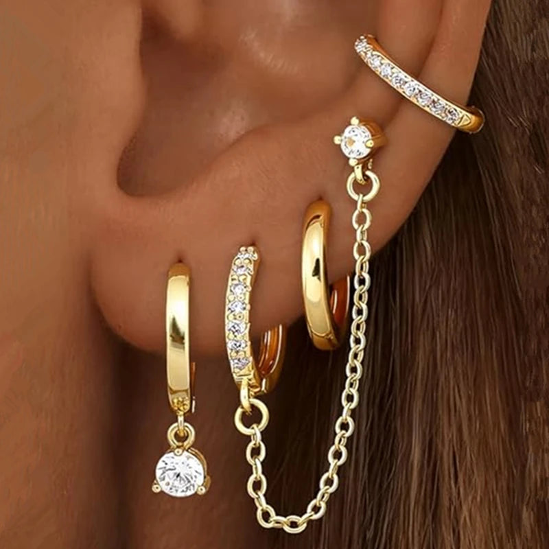 4PC Chain Huggie Earring Set | Flower Tragus Hoop Earrings for Women detail view