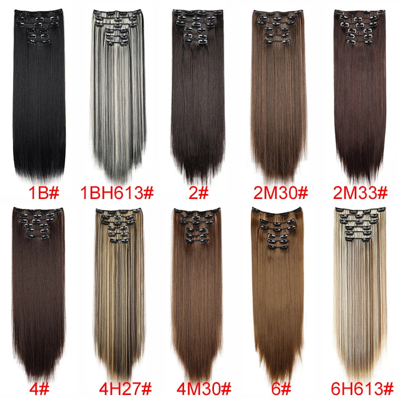 Synthetic 24 Inch Clip In Hair Extensions | Long Straight Blonde Black Heat Resistant Da detail view