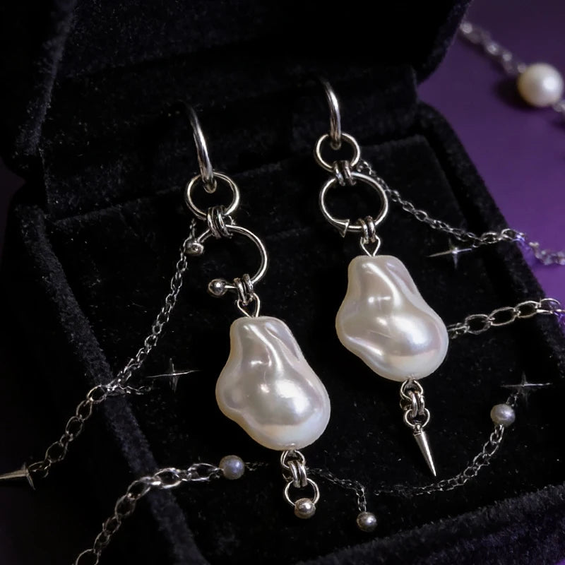 Korean Fashion Irregular Pearl Rivet Earrings for Female Punk Charm Aesthetic Geometr lifestyle view