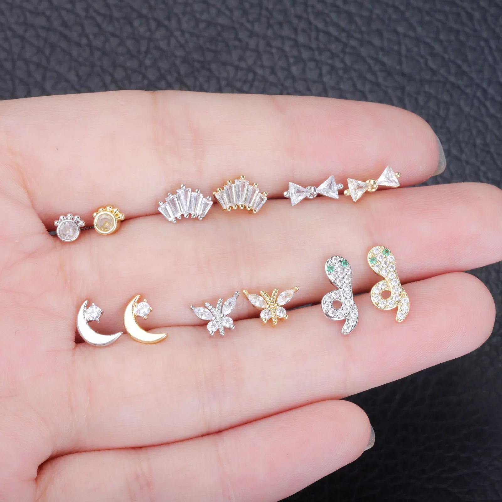 Stainless Steel Ear Studs - Micro Paved Zirconia Cartilage Earrings, Delicate Minimalist detail view