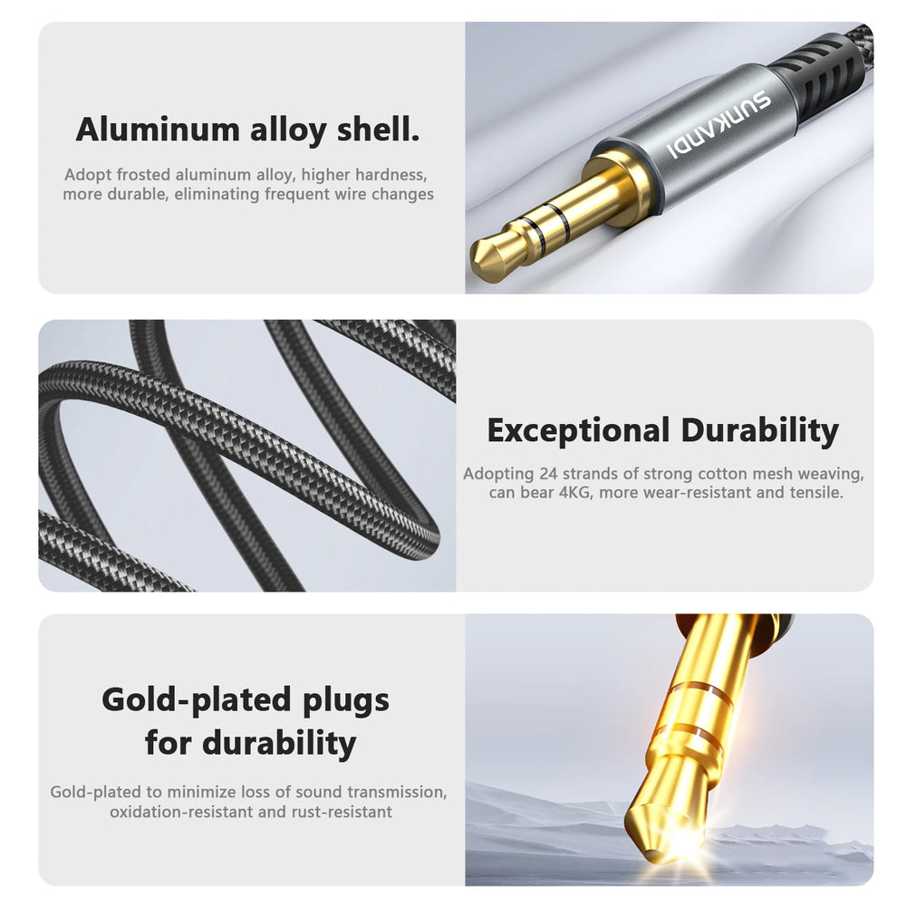 SUNKANDI 3.5mm Aux Cord, 3.5mm Male to Male Stereo Audio Cable for Car,Headphones,Smar close-up view