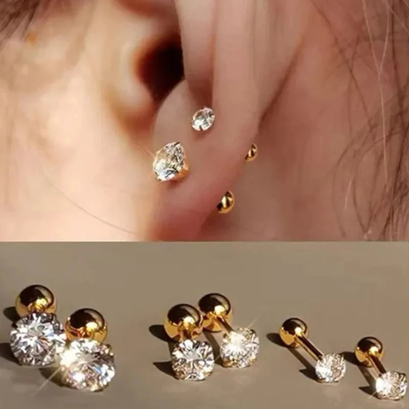 3Pairs Classic Round Zirconia Stud Earrings For Women, Stainless Steel Women's Cartilage, Tragus, Lo