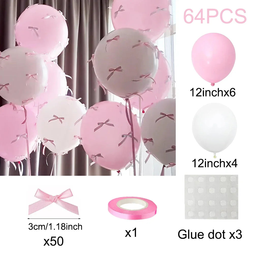 Bow Balloons Set White Balloon Mini Pink Ribbon Bows Girls Birthday Party