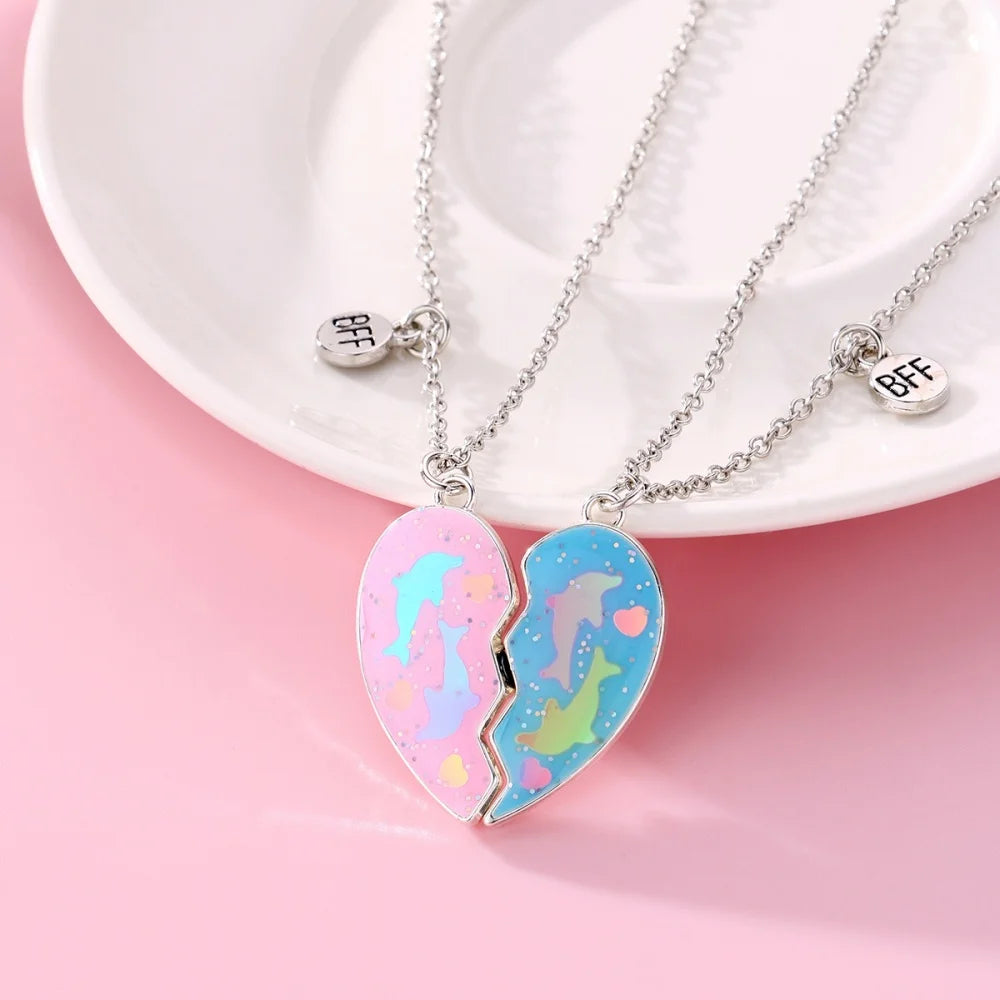 Broken Heart Best Friends Pendant Set | Magnetic Adjustable Lover Necklace for Women close-up view