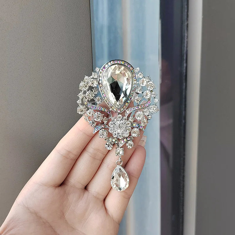 Retro Blue Crystal Big Waterdrop Pendant Brooch for Women Full of Rhinestone Brooch Pin Clothing Accessories Vintage Jewelry