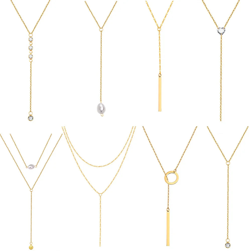 Drop Y Lariat Necklace with Bar Pendant, Stainless Steel Long Chain, Womens Necklaces alternate view