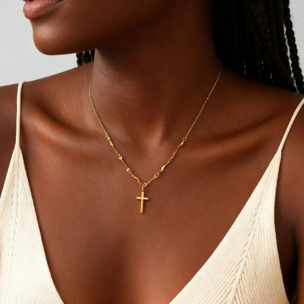 Minimalist Stainless Steel Cross Pendant Necklace, Non-fading Gold Plated Wave Chain Charm Necklace,