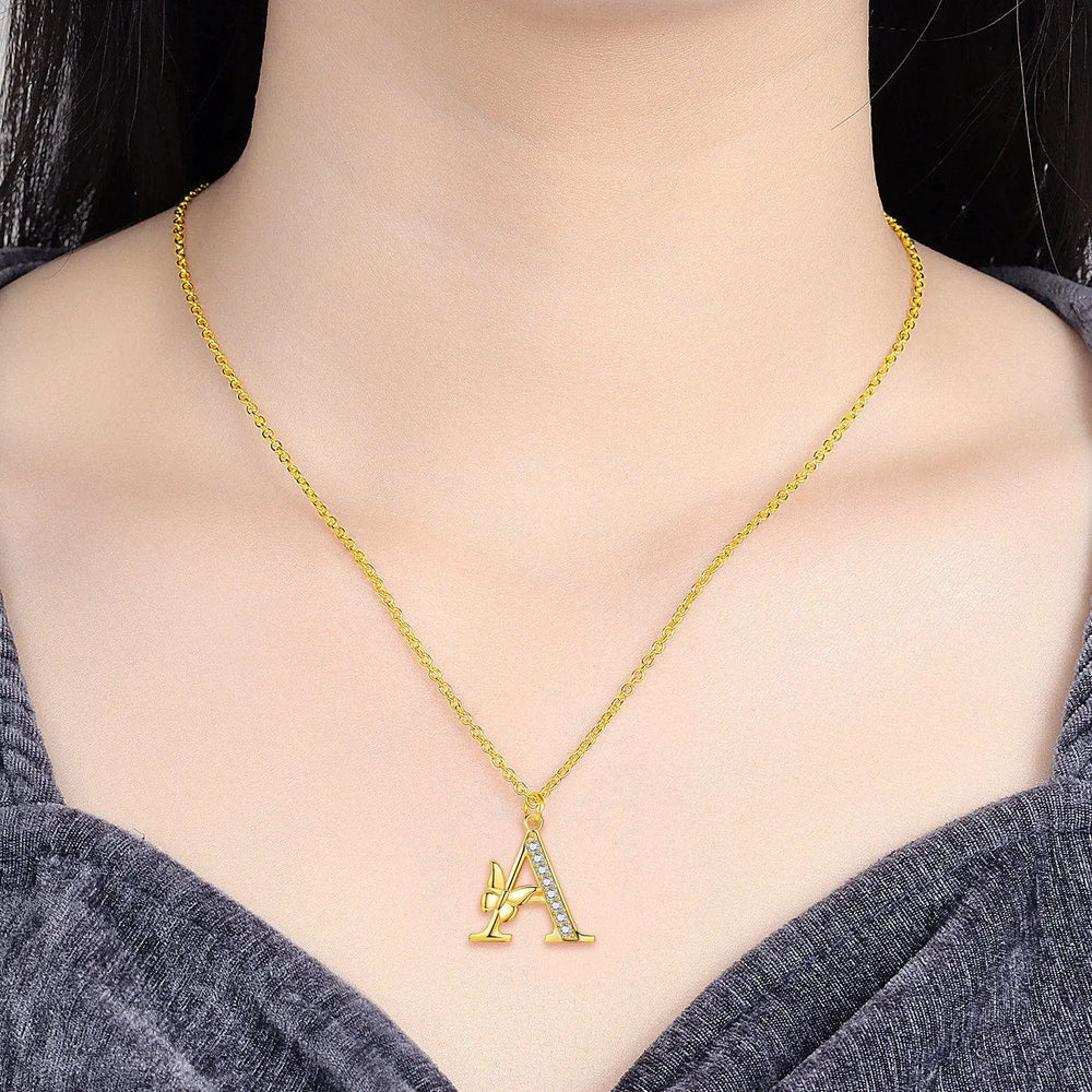 925 Sterling Silver Butterfly Initial Necklace | 26 Letter Y-Shaped Pendant for Women close-up view