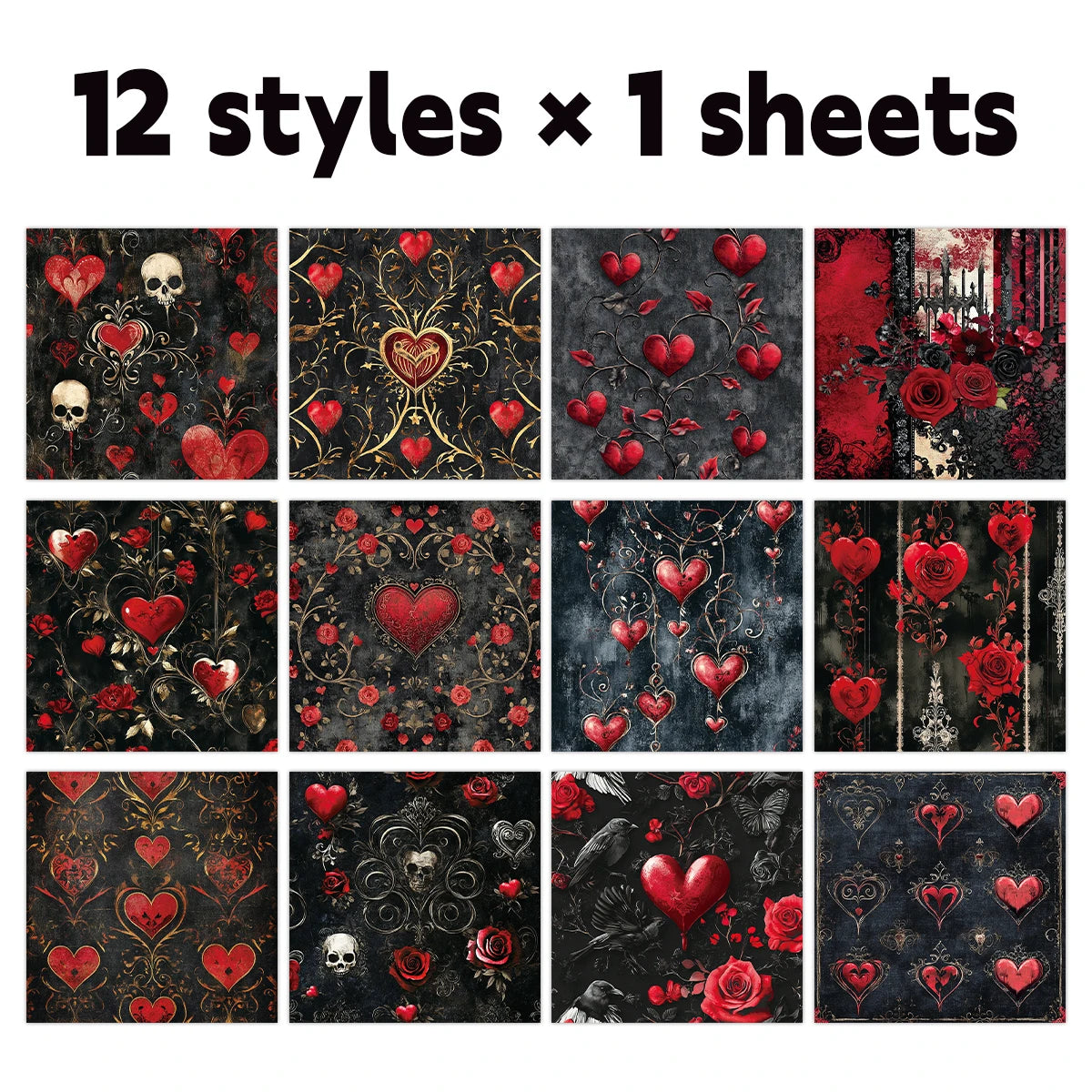 12pcs Gothic Love Themes Decor Paper | Valentine's Day Gift Wrapping and Scrapbooki additional angle