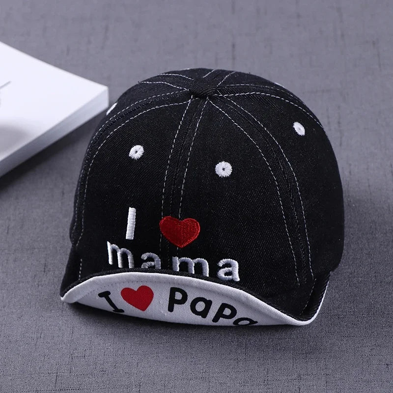 Baby Denim Baseball Cap with I Love Mama Lettering | Summer Hat for Boys and Girls detail view