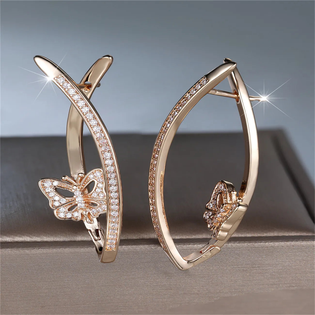 Elegant Female White Stone Skeleton Butterfly Hoop Earrings Trendy Fashion Rose Gold Col detail view