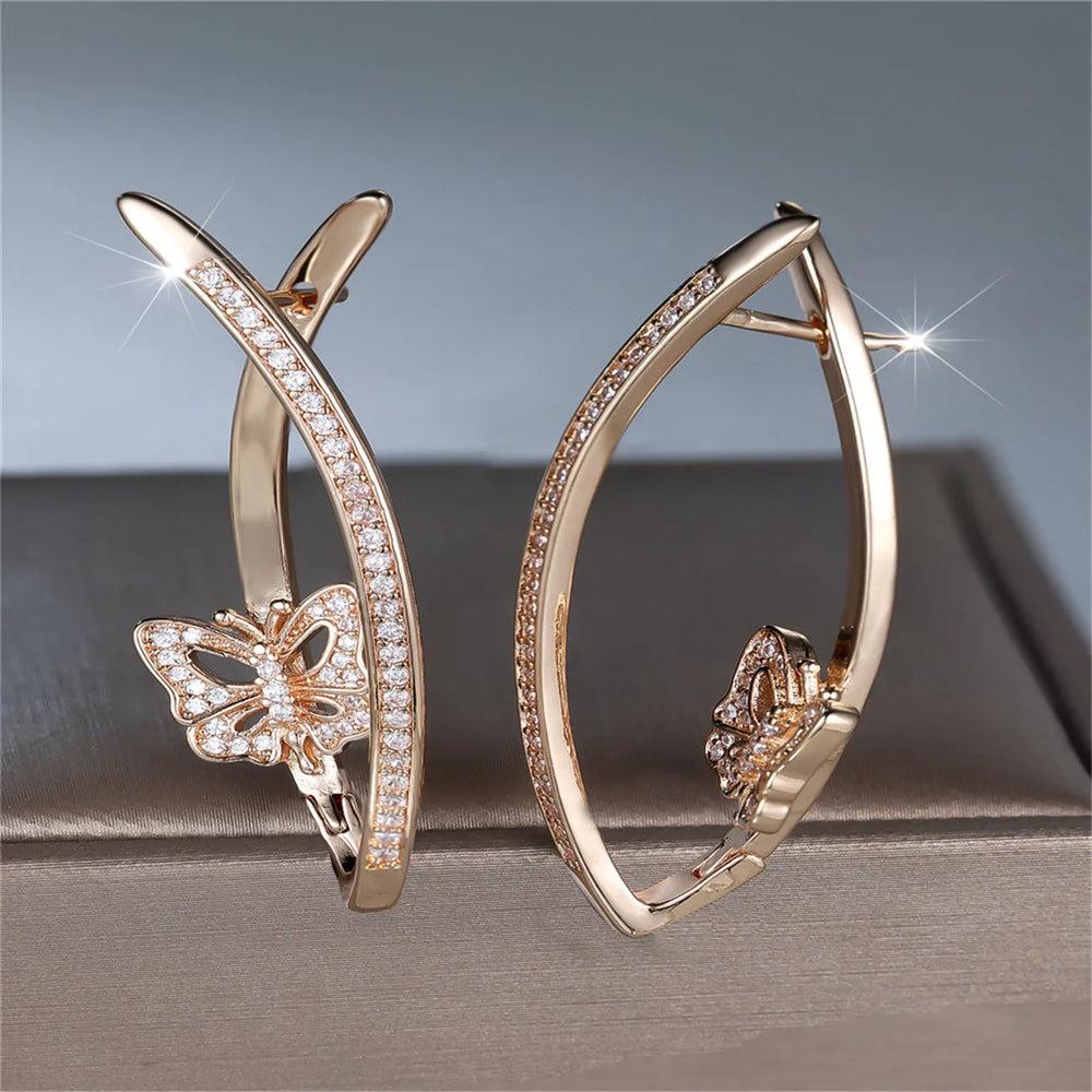 Elegant Female White Stone Skeleton Butterfly Hoop Earrings Trendy Fashion Rose Gold Col detail view