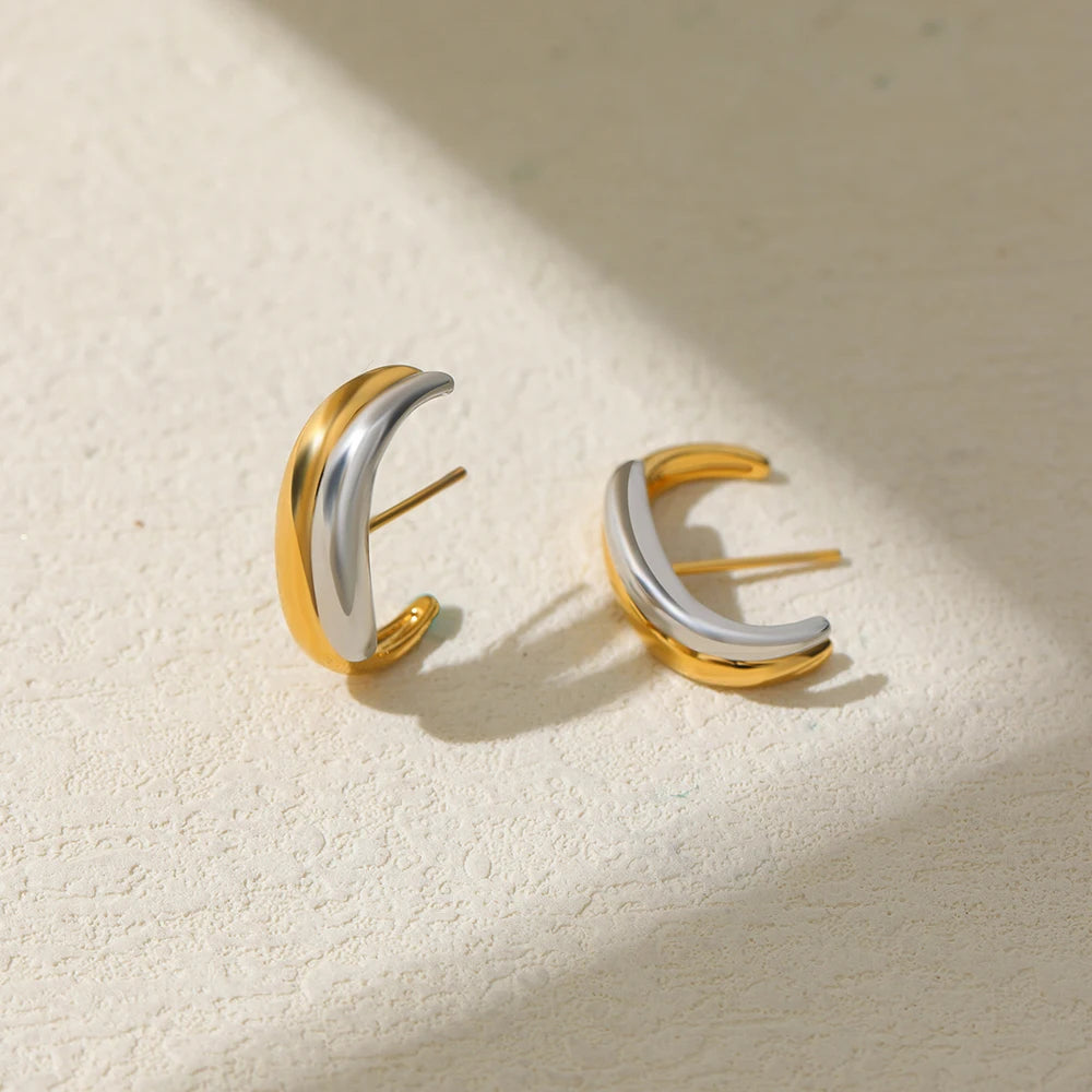 Gold Silver Irregular C-Shape Stud Earrings | Stainless Steel Bicolor Geometric Jewel alternate view