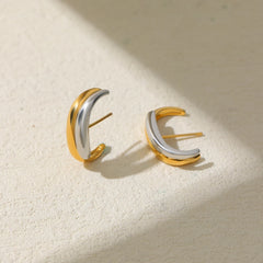 Gold Silver Irregular C-Shape Stud Earrings | Stainless Steel Bicolor Geometric Jewel alternate view