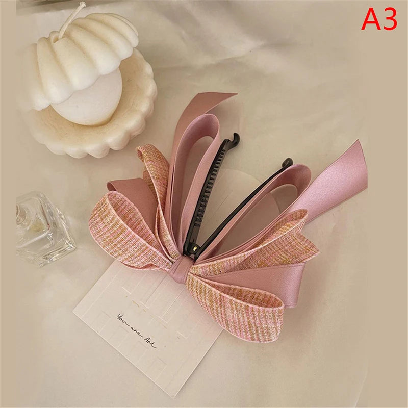 New【Korean Bow Grab Clip Female Net Red Back Of The Head Spoon Hair Card High Ponytail Fixed Artifact Headdress Hair Clips】