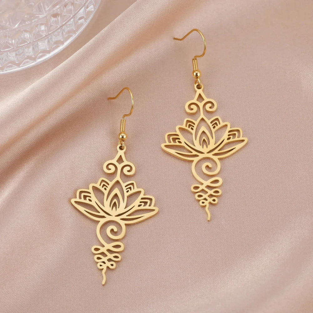 Stainless Steel Unalome Pendant Necklace | Yoga Jewelry with Lotus Flower close-up view