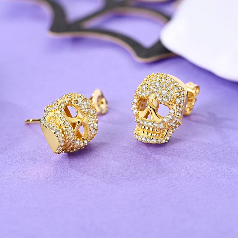 925 Sterling Silver Skull Stud Earrings | Shiny Gold Finish for Women alternate view