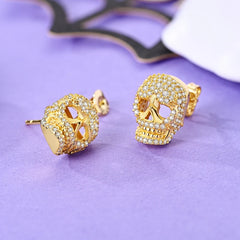 925 Sterling Silver Skull Stud Earrings | Shiny Gold Finish for Women alternate view