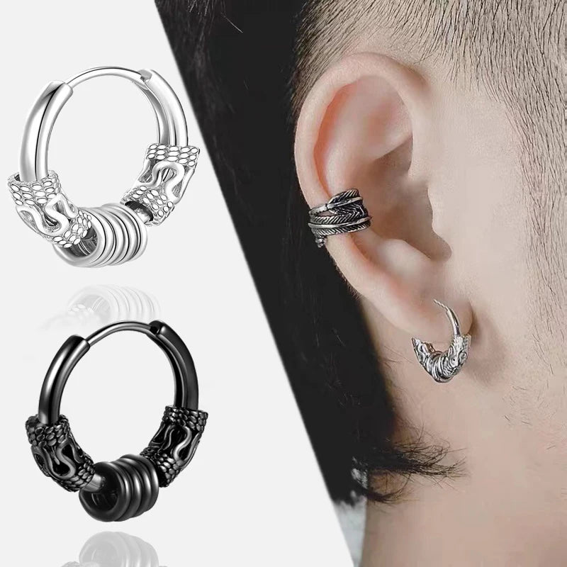2PC Punk Men's Stainless Steel Hoop Earrings For Women Hip Hop Totem Earring For Men Ear detail view