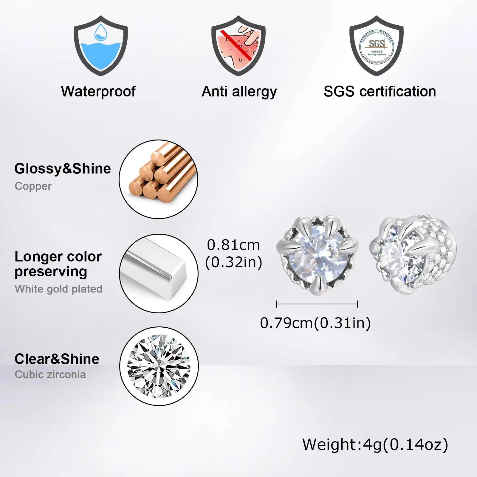 Vnox Magnetic Clip Earrings Non Piercing, Hip Hop Zircon Studs for Men Women, Fashion Sl detail view