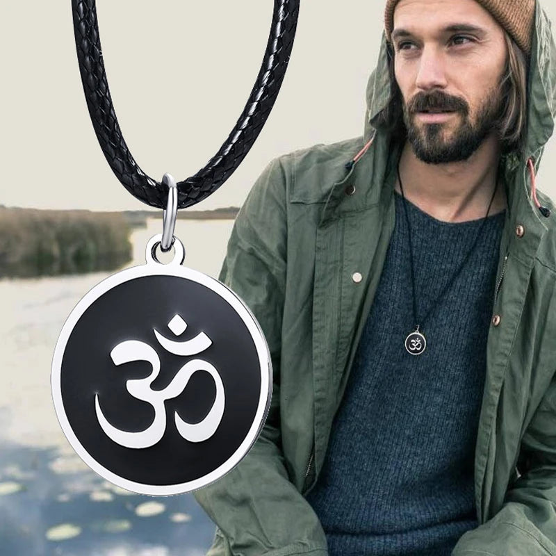 Men's OM Necklace | Round Ohm Pendant Adjustable Yoga Spiritual Jewelry alternate view