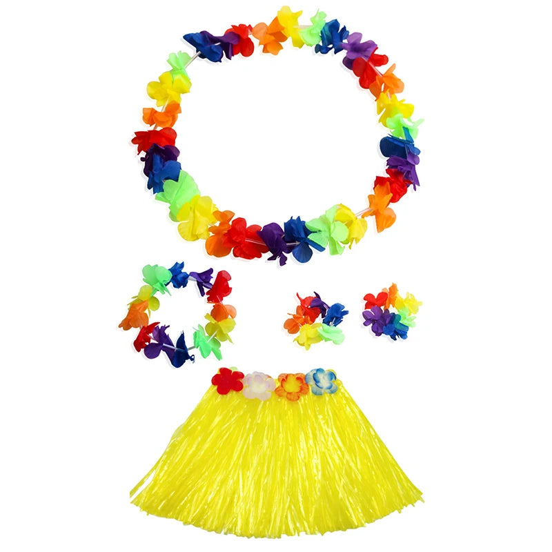 Kids Hawaiian Luau Costume Set | Grass Skirt Lei Flower Bracelets Headband detail view