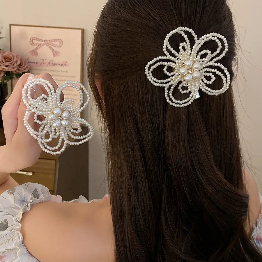 New Vintage Rhinestone Pearl Flower Hair Clip Fashion Versatile Back Head Duckbill Clip High Grade Hair Accessories For Women