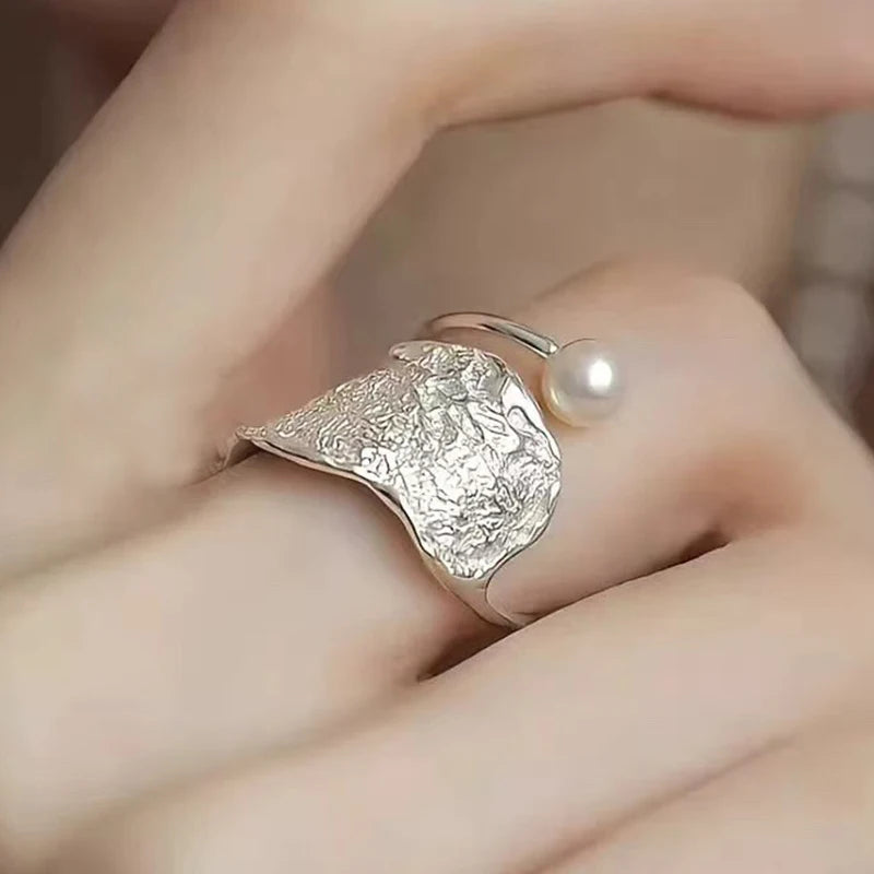 PANJBJ 925 Sterling Silver Pearl Irregular Ring for Women Shell Overlapping Hollow Sweet detail view
