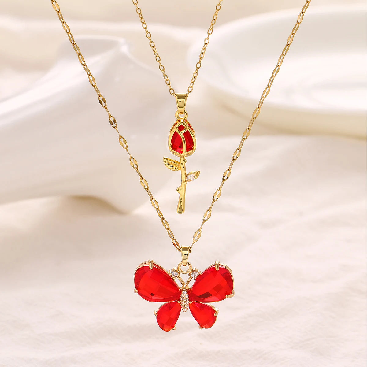 Elegant Pink Crystal Butterfly Necklace for Women High-End Zircon Flower Pendant Fash lifestyle view