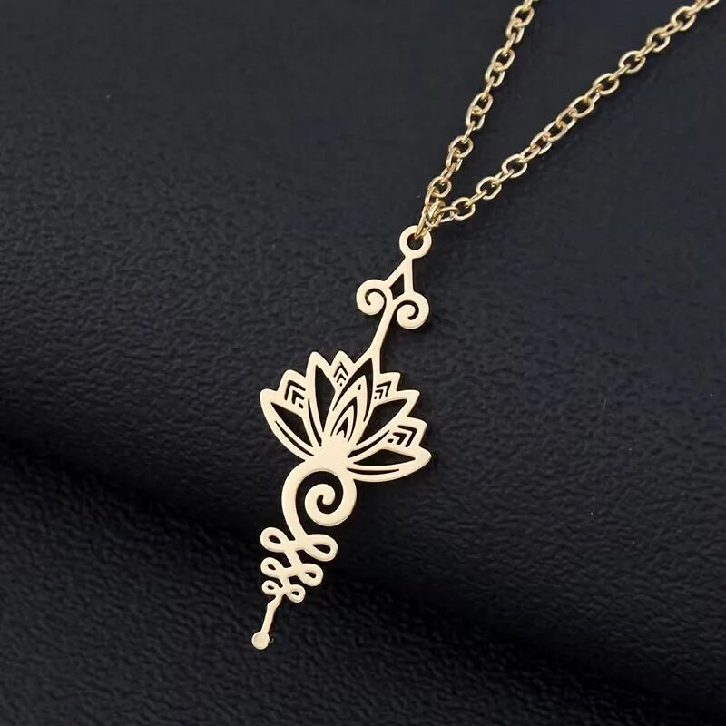 Stainless Steel Unalome Pendant Necklace | Yoga Jewelry with Lotus Flower lifestyle view