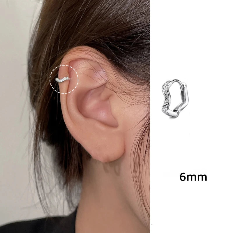 Stainless Steel Minimal Wave Hoop Earrings Crystal Zirconia Small Huggie Thin Cartilag close-up view
