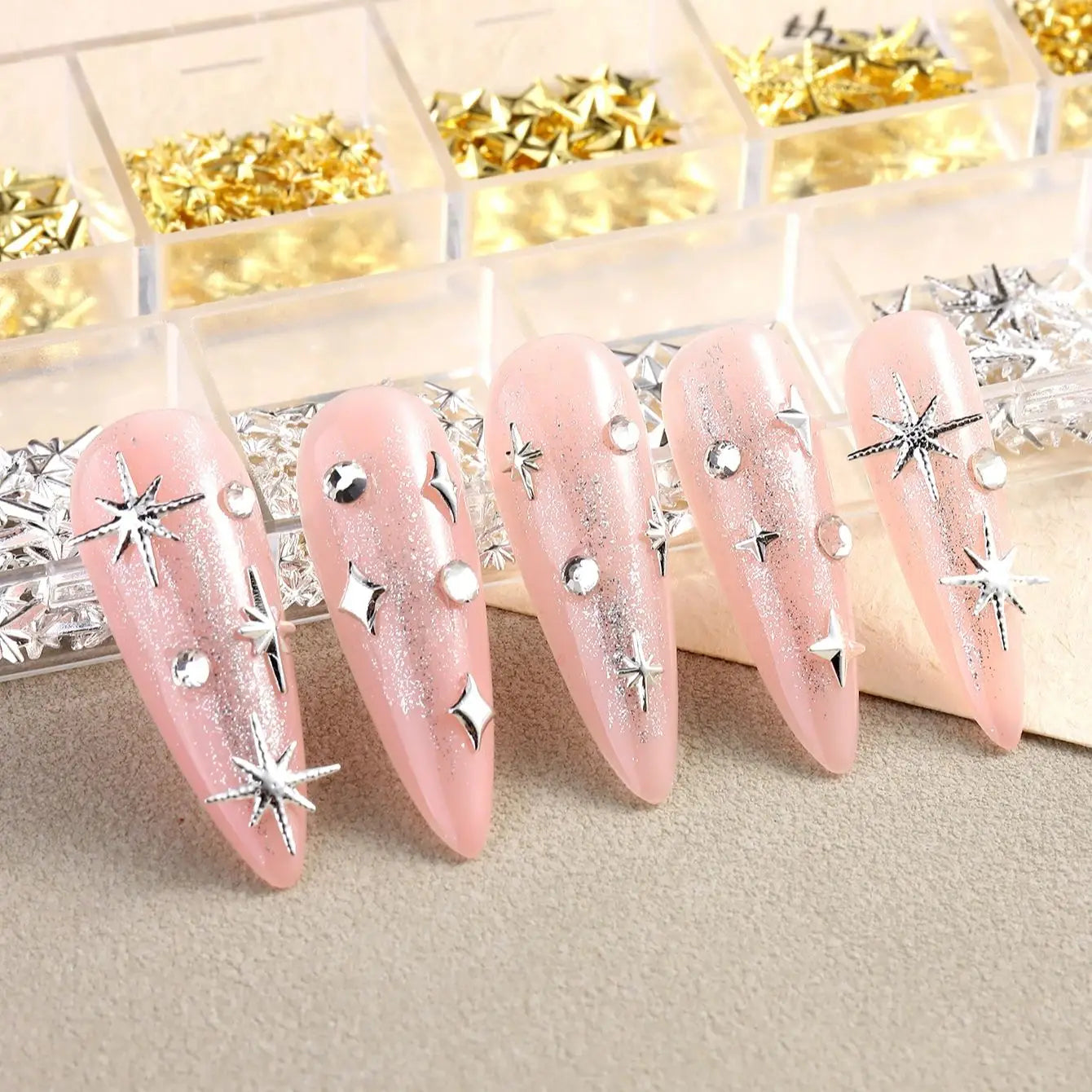6/12Grids Gold Star Moon Metallic Rivet 3D Nail Charms Alloy Sun Moon Starlight Rhi additional angle
