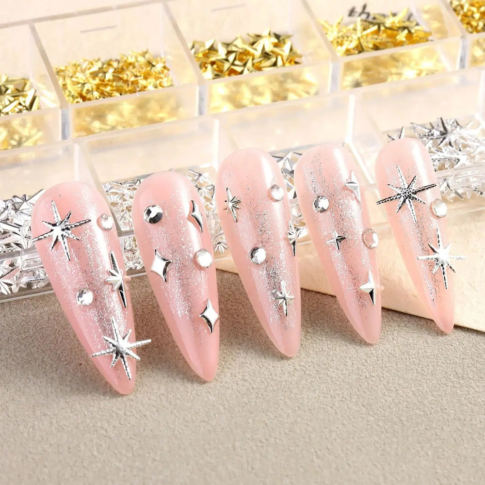 6/12Grids Gold Star Moon Metallic Rivet 3D Nail Charms Alloy Sun Moon Starlight Rhi additional angle
