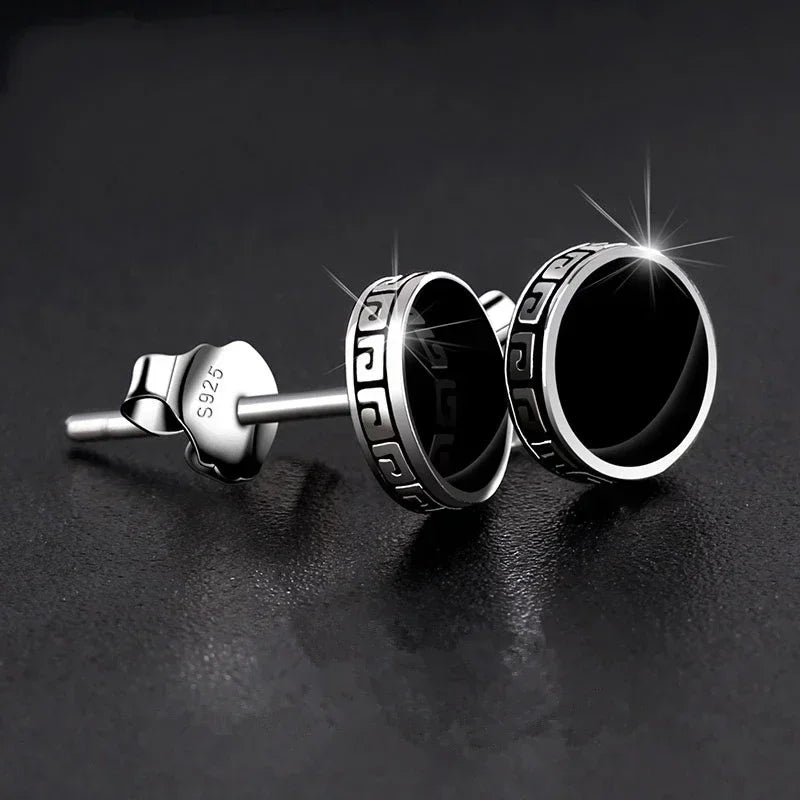 925 Silver Earrings Men Black Circle Single Simple Luxury Earring alternate view