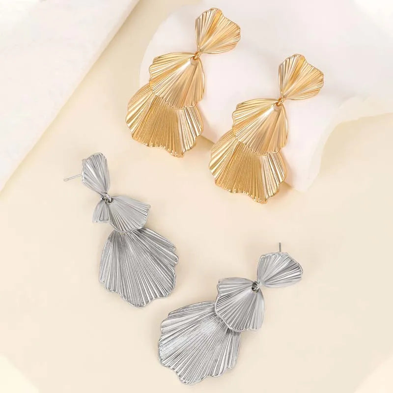 Exaggerated Metal Leaf Flower Drop Earrings for Women Fashion Gold Color Long Geometri close-up view