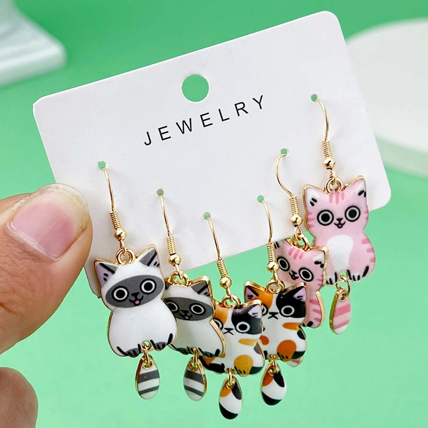 Fashionable Enamel Cat Earrings Set | 3 Pairs Cute Cartoon Drop Earrings for Women an lifestyle view