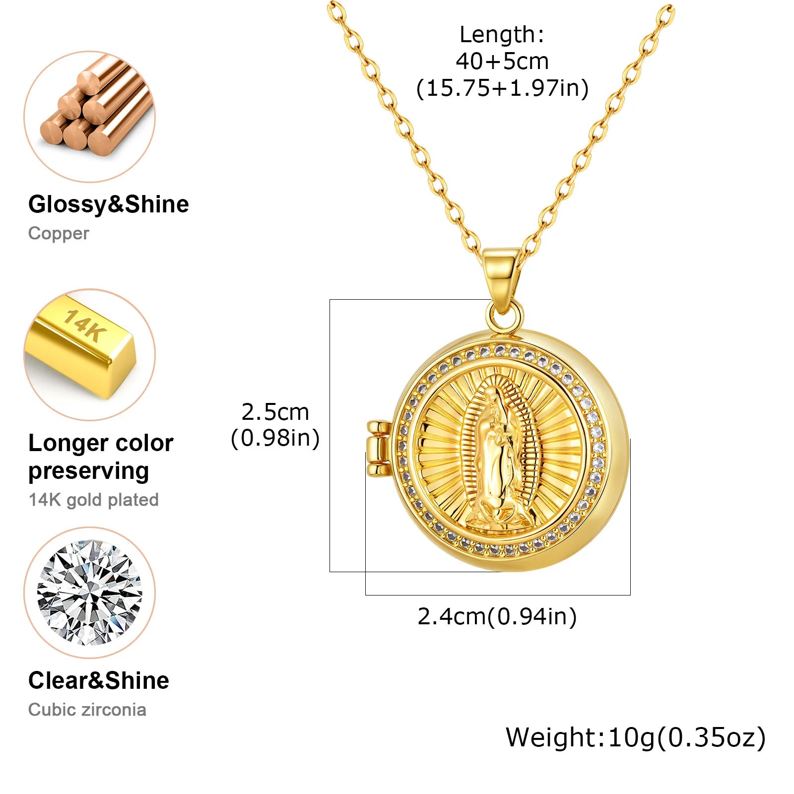 Round Zircon Virgin Mary Locked Pendant Necklace for Women, No Photo, Adjustable Link alternate view