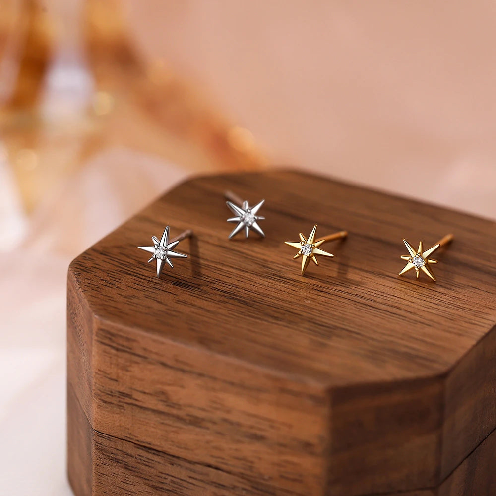 925 Sterling Silver Geometric Eight Star Stud Earrings for Women Funny Korean Zircon S close-up view