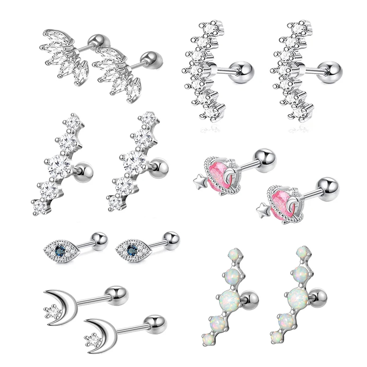 2pcs Hypoallergenic Stainless Steel Cartilage Stud Earrings,Eye Flame Moon Barbell Ba lifestyle view