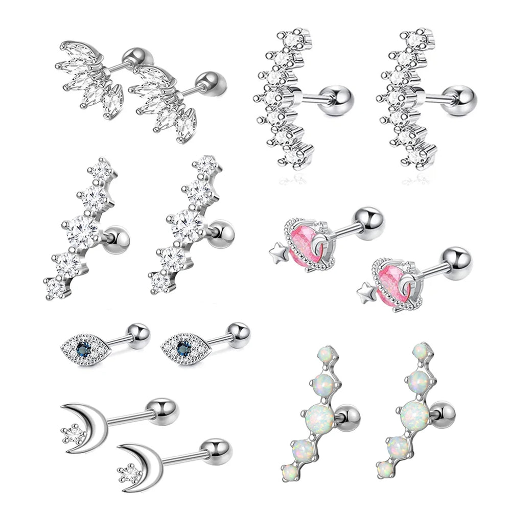 2pcs Hypoallergenic Stainless Steel Cartilage Stud Earrings,Eye Flame Moon Barbell Ba lifestyle view