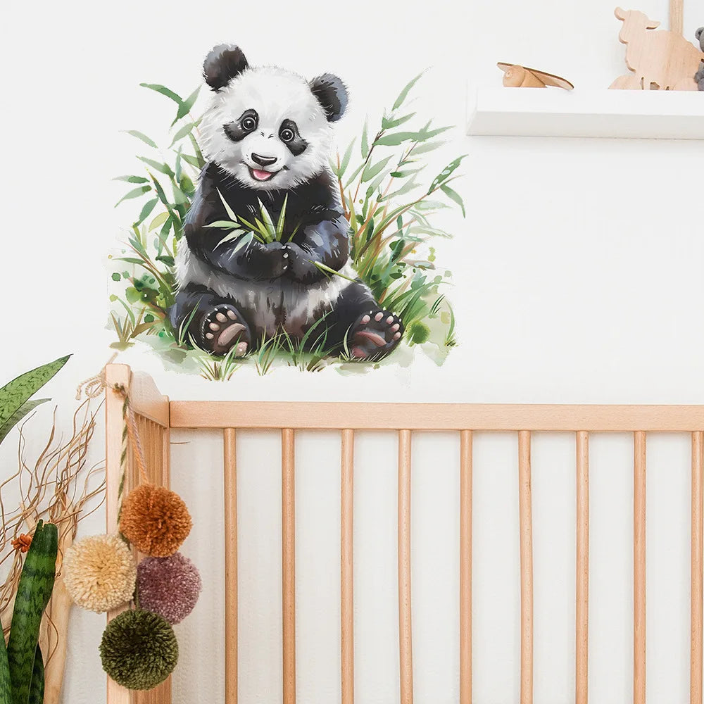 Panda Wall Decal for Kids Room | Cute Bamboo Eating Animal Sticker close-up view