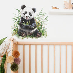 Panda Wall Decal for Kids Room | Cute Bamboo Eating Animal Sticker close-up view