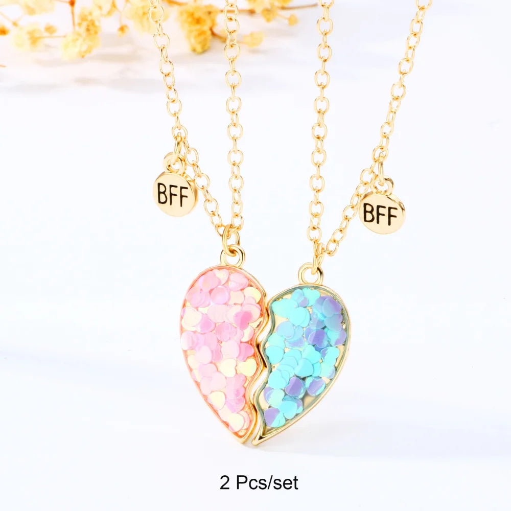 Broken Heart Best Friends Pendant Set | Magnetic Adjustable Lover Necklace for Women close-up view