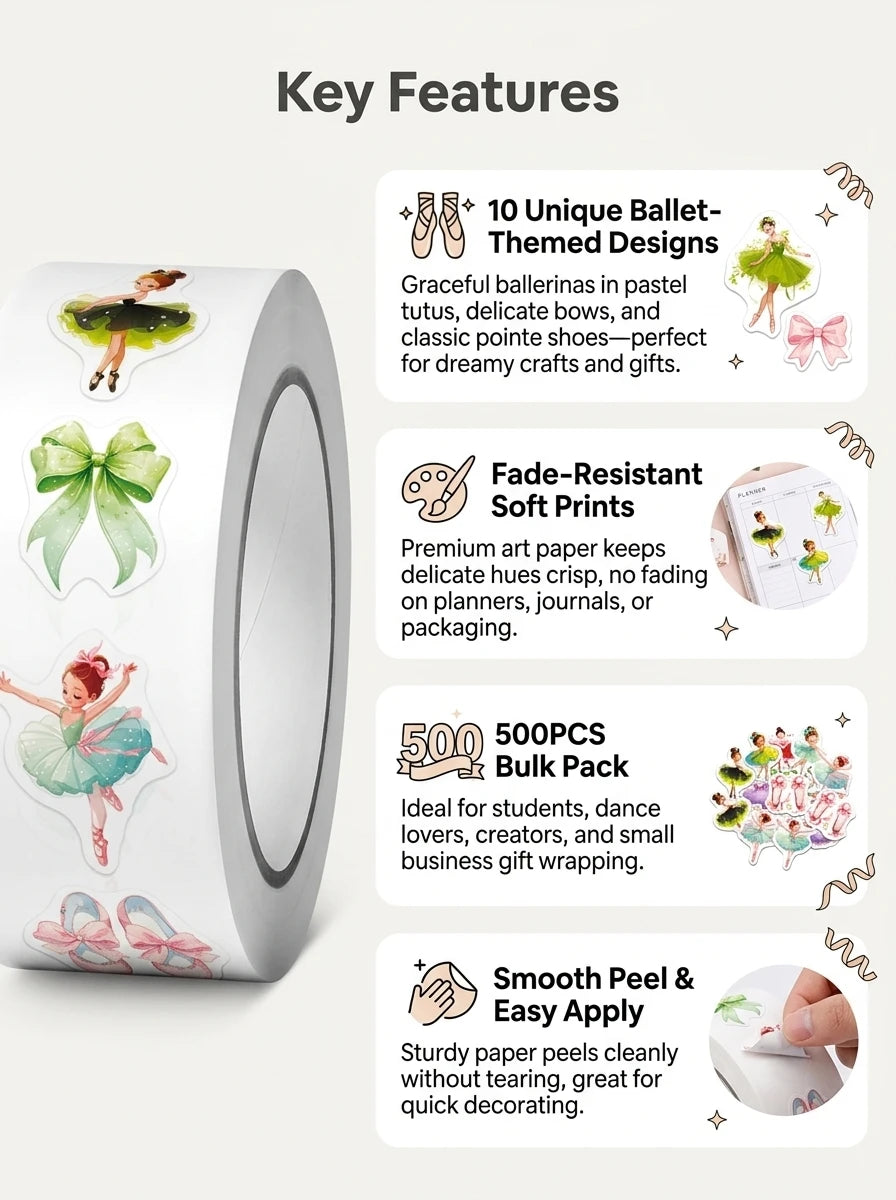 1Roll(500Pcs) Kawaii Ballet-Themed Dancing Girls Pattern Stickers 2.5cm/1.0'' 10 Desi alternate view