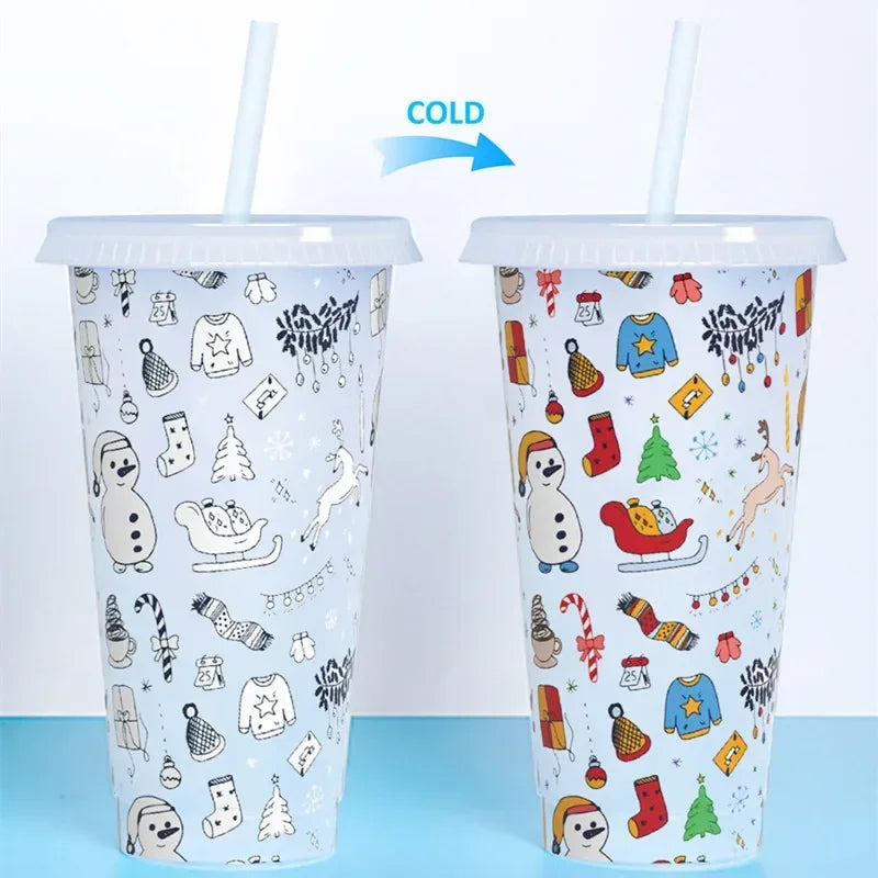 710ml Reusable with Straws Creative Water Cups Changing Colour Cup Magical Plastic Cold detail view
