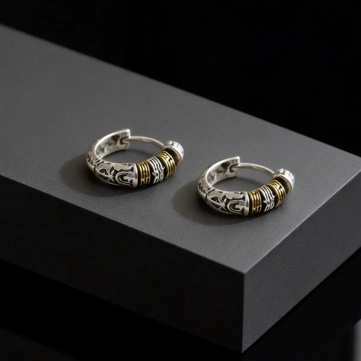 Creative Unique Design Textured Metal Chunky Hoop Earrings for Men Fashion Hiphop Par lifestyle view