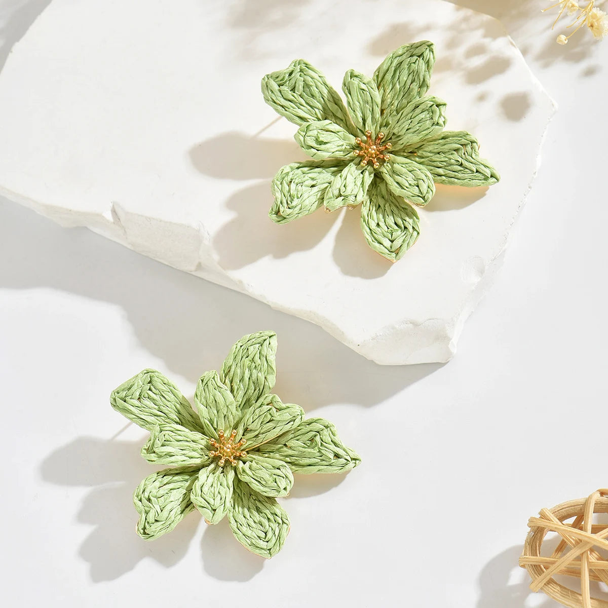 Boho Handmade Raffia Flower Earrings | Unique Summer Floral Drop Earrings for Women lifestyle view