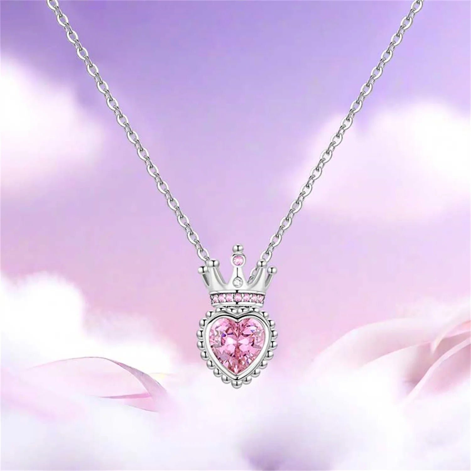 Romantic Pink Crown Heart Pendant Necklace Genuine 925 Sterling Silver Elegant Fine additional angle
